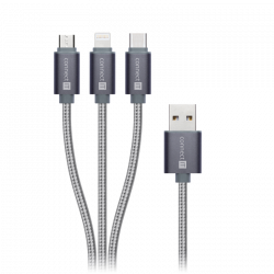 Connect IT CI-1229 Wirez 3 az 1-ben USB A - USB-C/Micro USB/Lightning, 1,2 m ezüst szürke kábel