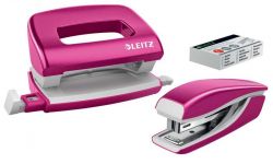 Leitz "Wow Mini" 10 lap, 50 mm fém rózsaszín tűzőgép és lyukasztó szett