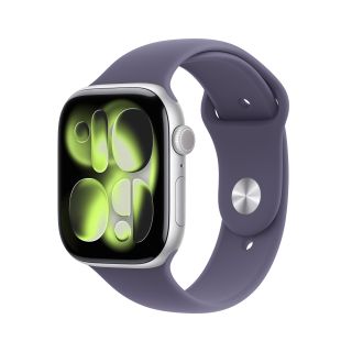 Apple Watch Series 11, 46 mm, GPS, Alumínium, M/L, Ezüst, Okosóra, Ködös lila sportszíjjal