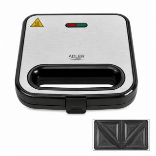 Adler AD 3076, 1000 W, 2 szendvics, Tapadásmentes bevonat, Fekete-Inox, Szendvicssütő