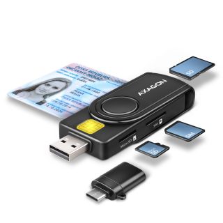 Axagon CRE-SMP2A USB Smart card & SD/microSD/SIM PocketReader chipkártya olvasó Beltéri USB Type-A/USB Type-C Fekete