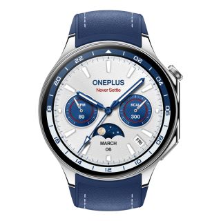 OnePlus Watch 2, 3,63 cm (1.43"), Amoled, 46 mm, Rozsdamentes acél, Ezüst, Okosóra, Kék Fluor-elasztomer szíjjal