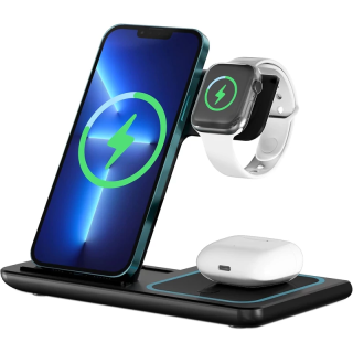 Ven-Dens VD-WLC001, 3 az 1-ben, 18W, Qi, Telefon/Óra/Headset, Vezeték nélküli töltő állomás