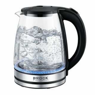 Brock WK 2404, 1500 W, 1,8L, LED világítás, Rejtett fűtőszál, Üveg, Fekete-Inox, Elektromos vízforraló